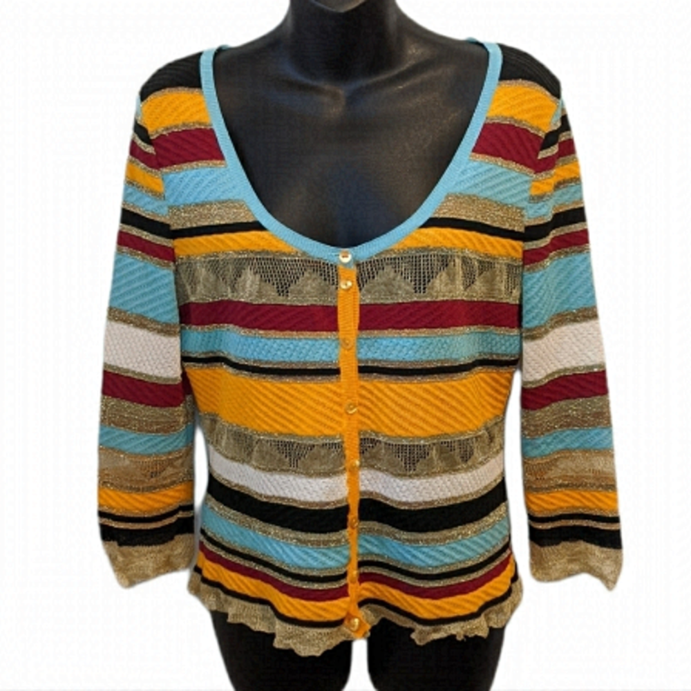 MOSCHINO Jeans Y2K Glittery Multi Colour Striped Crochet  Cardigan